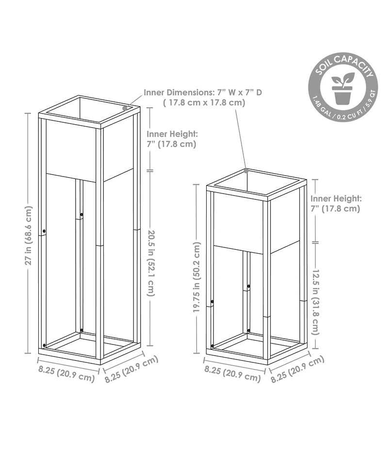 Modern Simplicity Cold-Rolled Steel Outdoor Elevated Planter - Set of 2 8.25" Square x 19.75" H and 27"