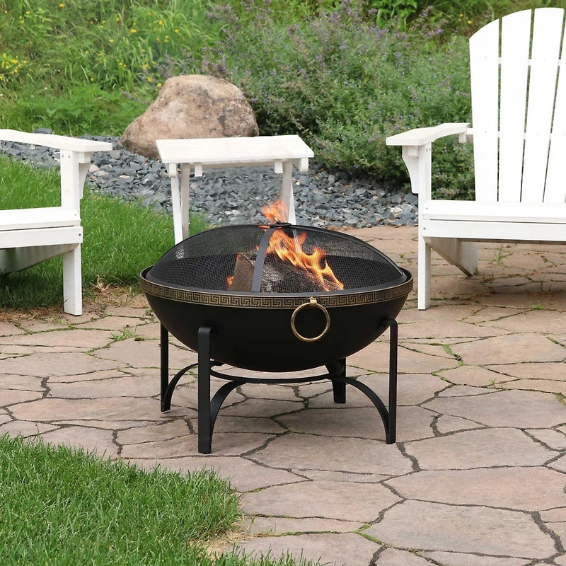 Outdoor Camping or Backyard Steel Contemporary Fire Pit Bowl with Handles and Spark Screen - 26" - Black