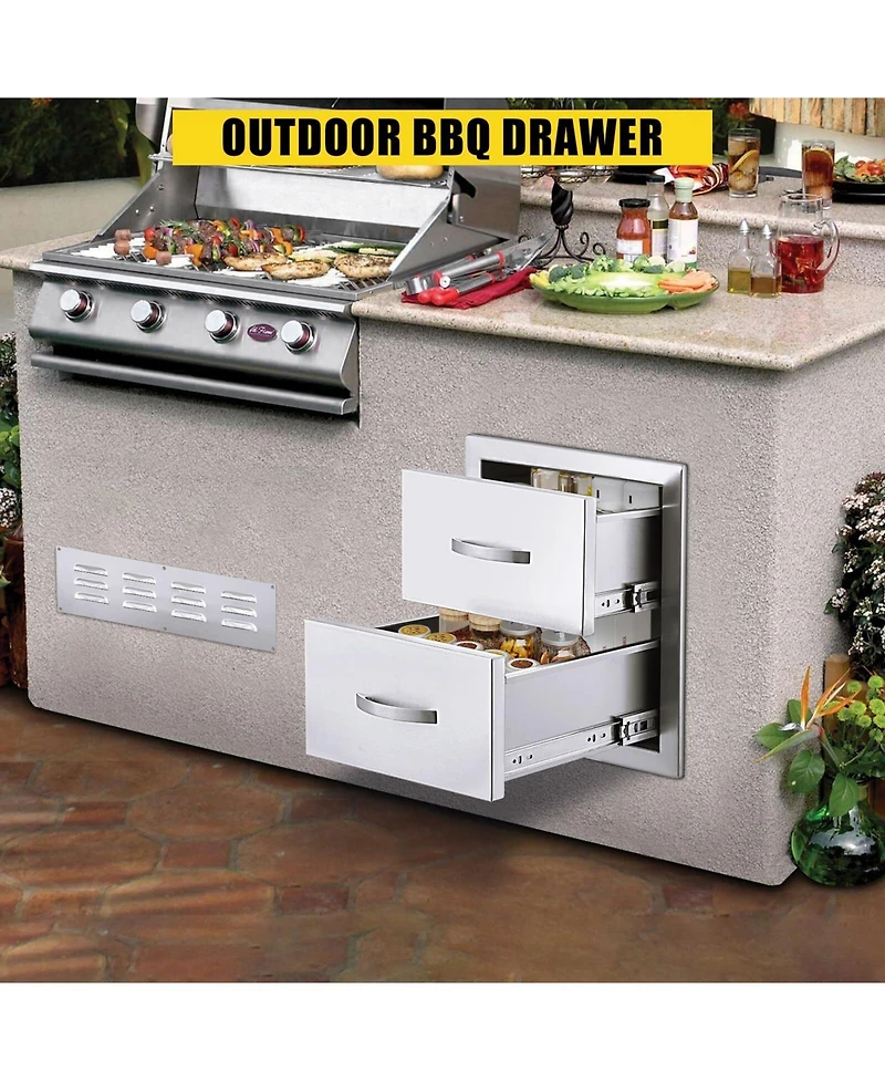 gaomon Outdoor Kitchen Drawers, Stainless Steel Flush Mount Double Bbq Storage Drawers, 14W x 23D x 15H Inches Built-in Access Drawers with Venting Pa