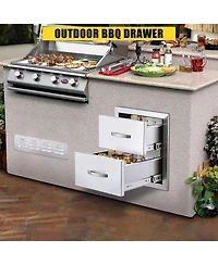 gaomon Outdoor Kitchen Drawers, Stainless Steel Flush Mount Double Bbq Storage Drawers, 14W x 23D x 15H Inches Built-in Access Drawers with Venting Pa