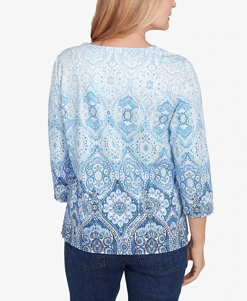 Alfred Dunner Women's Classic Split Beaded Neck Ombre Medallion Top
