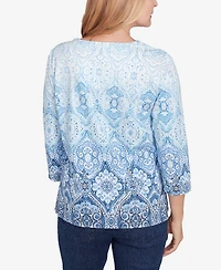 Alfred Dunner Women's Classic Split Beaded Neck Ombre Medallion Top