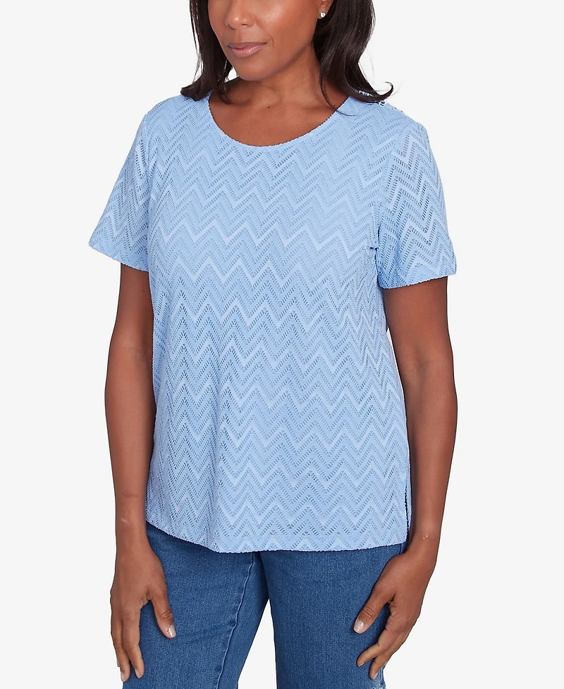 Alfred Dunner Women's Classic Textured Chevron Lace Back Top