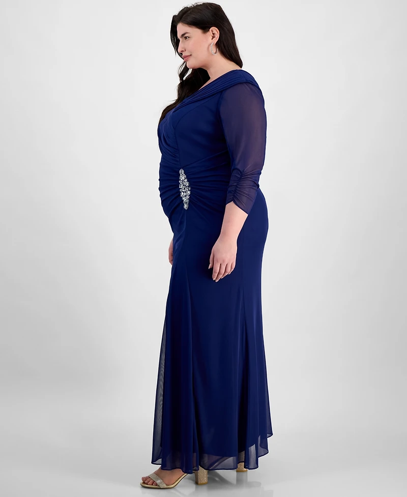 Alex Evenings Plus Size Portrait-Collar Side-Ruched A-Line Dress