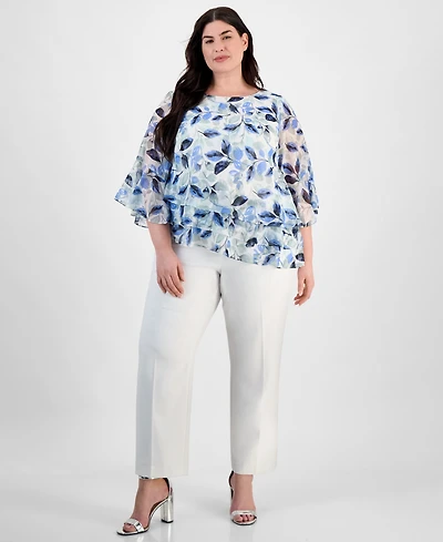 Alex Evenings Plus Size Floral Print Tiered Bell-Sleeve Blouse