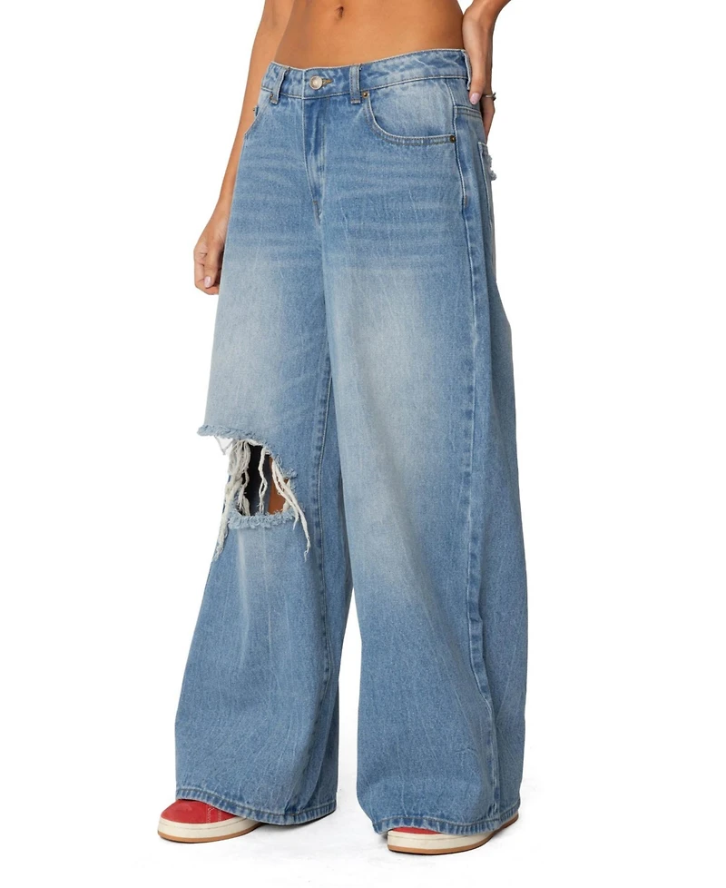Edikted Womens Distressed Low Rise Baggy Jeans