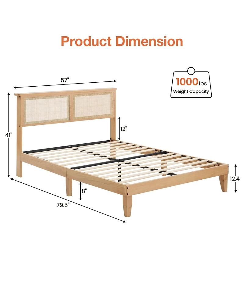 gaomon Full Size Bed Frame with Natural Rattan Headboard & Integrated Led Lights