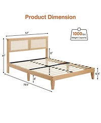 gaomon Full Size Bed Frame with Natural Rattan Headboard & Integrated Led Lights