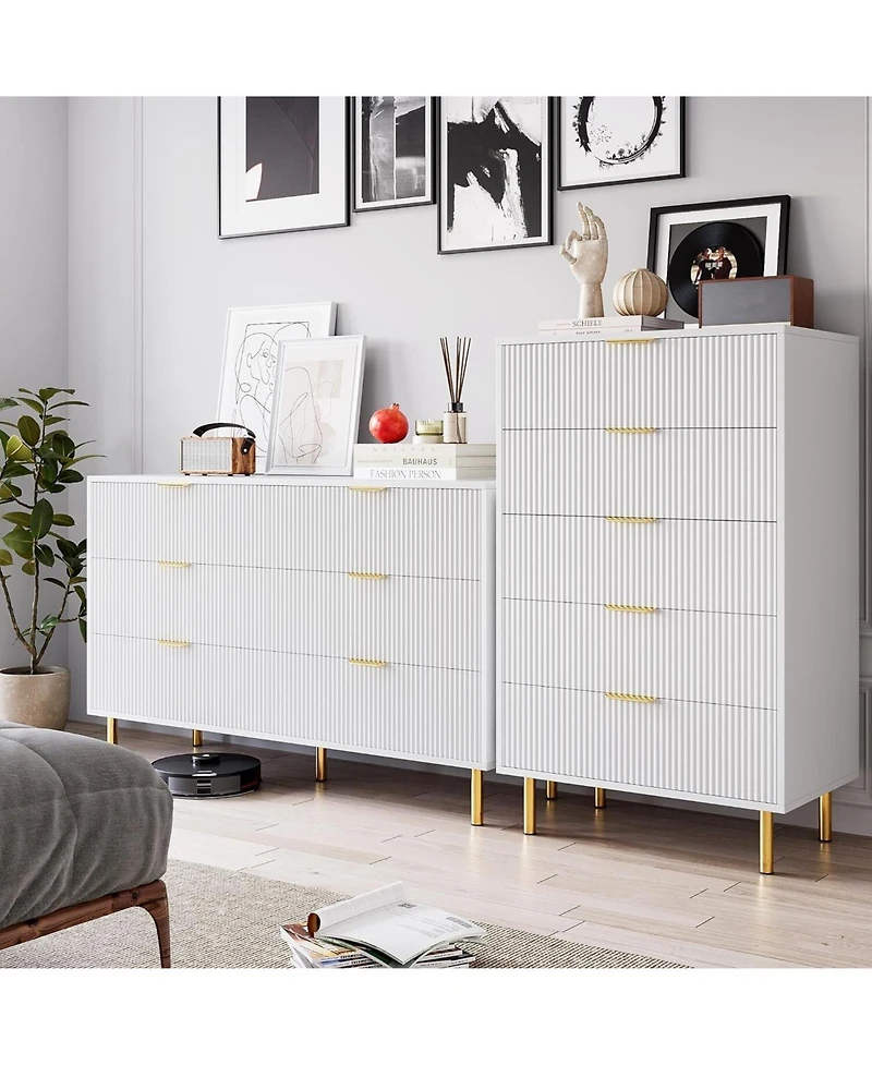 6 Drawer Dresser for Bedroom, 56” Wide Wood Dresser Organizer with Metal Legs, Modern Chest of Drawers for Bedroom, Hallway, Home Office