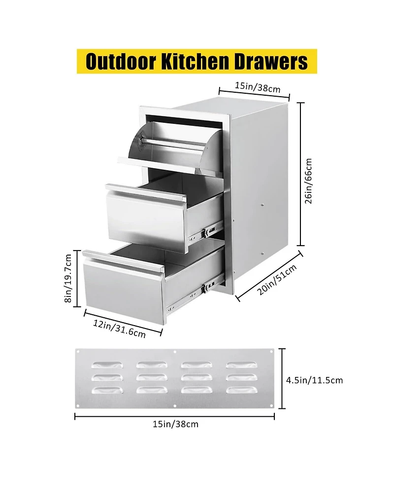 gaomon Outdoor Kitchen Drawers, Stainless Steel Flush Mount Triple Bbq Storage Drawers, 15.7W x 17.7D x 21.6H Inches Built-In Access Drawers with Vent
