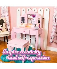 Beauty Bliss Mdf Kids' Vanity Table with Tri-Fold Mirror and Matching Stool - Pink