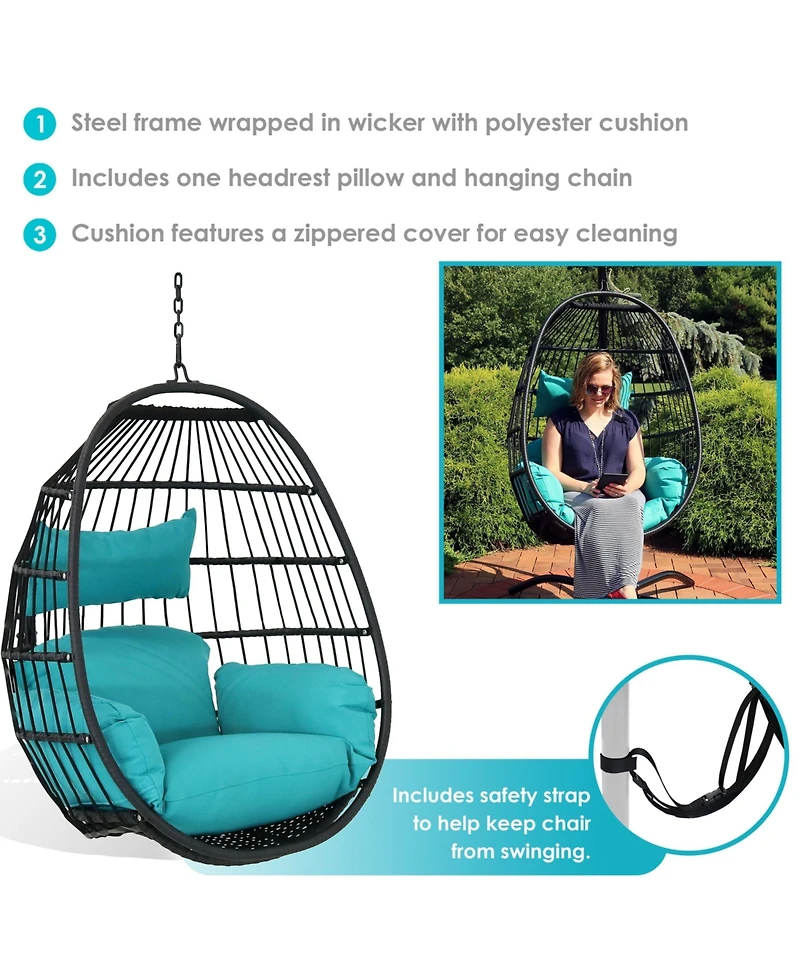 Dalia Black Steel and Polyethylene Wicker Hanging Egg Chair with Teal Polyester Seat Cushions - 45-Inch Tall