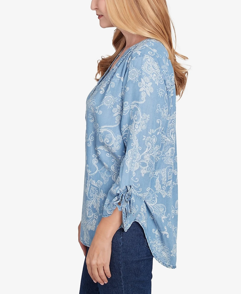 Alfred Dunner Petite Classics Super Soft Scroll V-Neck Henley Top