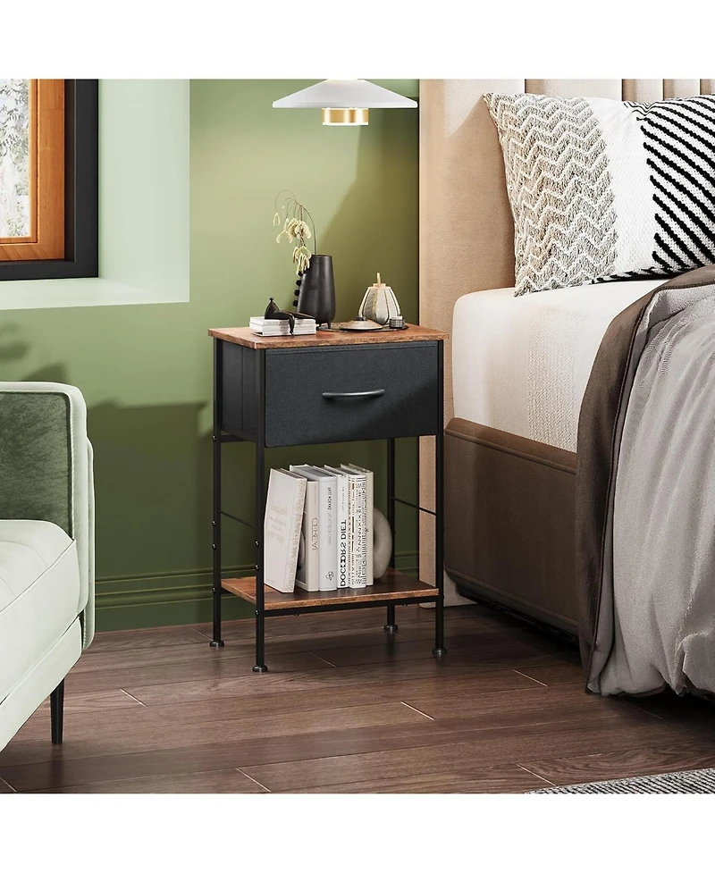 Wlive Nightstand Set of 2 End Table with Fabric Storage Drawer and Open Wood Shelf Bedside Furniture Steel Frame Side for Bedroom Dorm