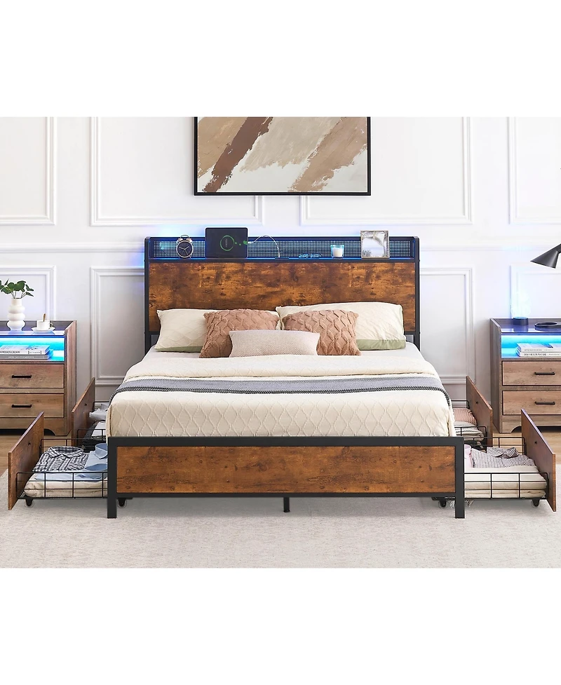 gaomon Queen Size Bed Frame with Led Lights and Usb Charging Ports Headboard