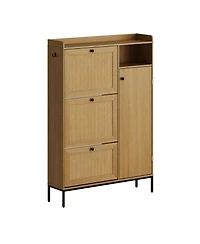 gaomon Shoe Cabinet, Natural Rattan Freestanding Shoe Organizer with 3 Flip-out Drawers and 4 Open Shelves Side Cabinet