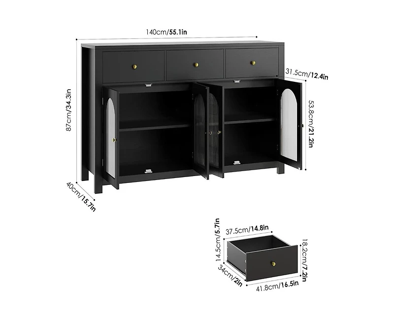 gaomon Buffet Cabinet with Storage, 55.1" Large Sideboard Buffet Cabinet, Farmhouse Kitchen Cabinet Display Cabinet with 3 Drawers and 4 Doors
