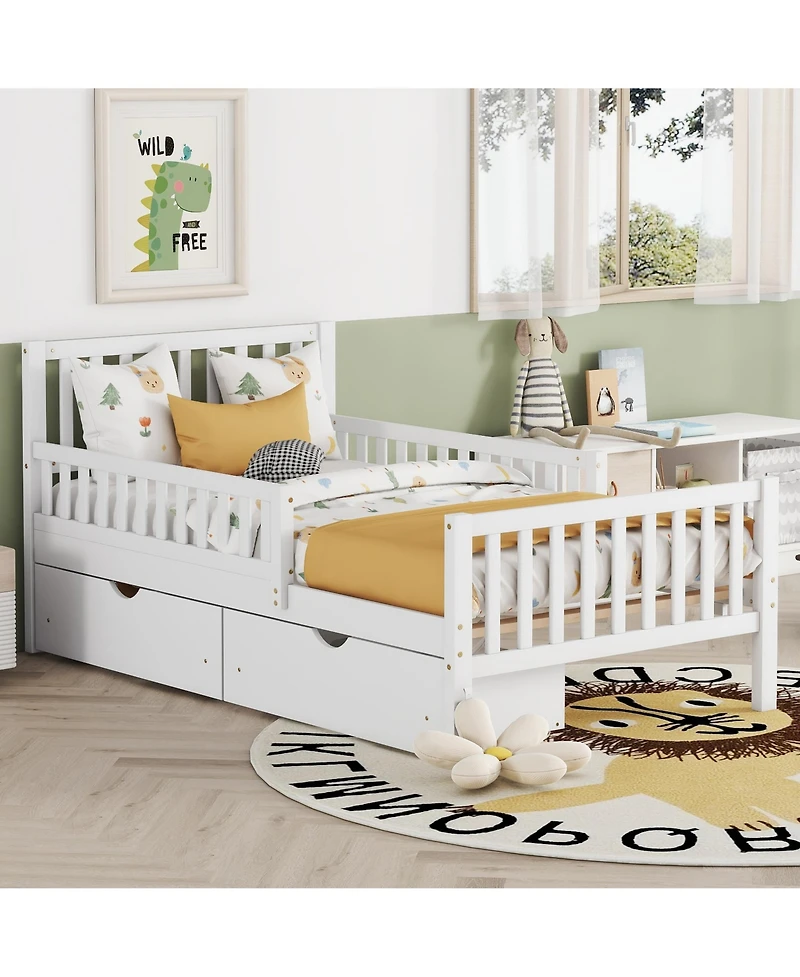 Wood Platform Bed with Guardrails on Both Sides and Two Storage Drawers
