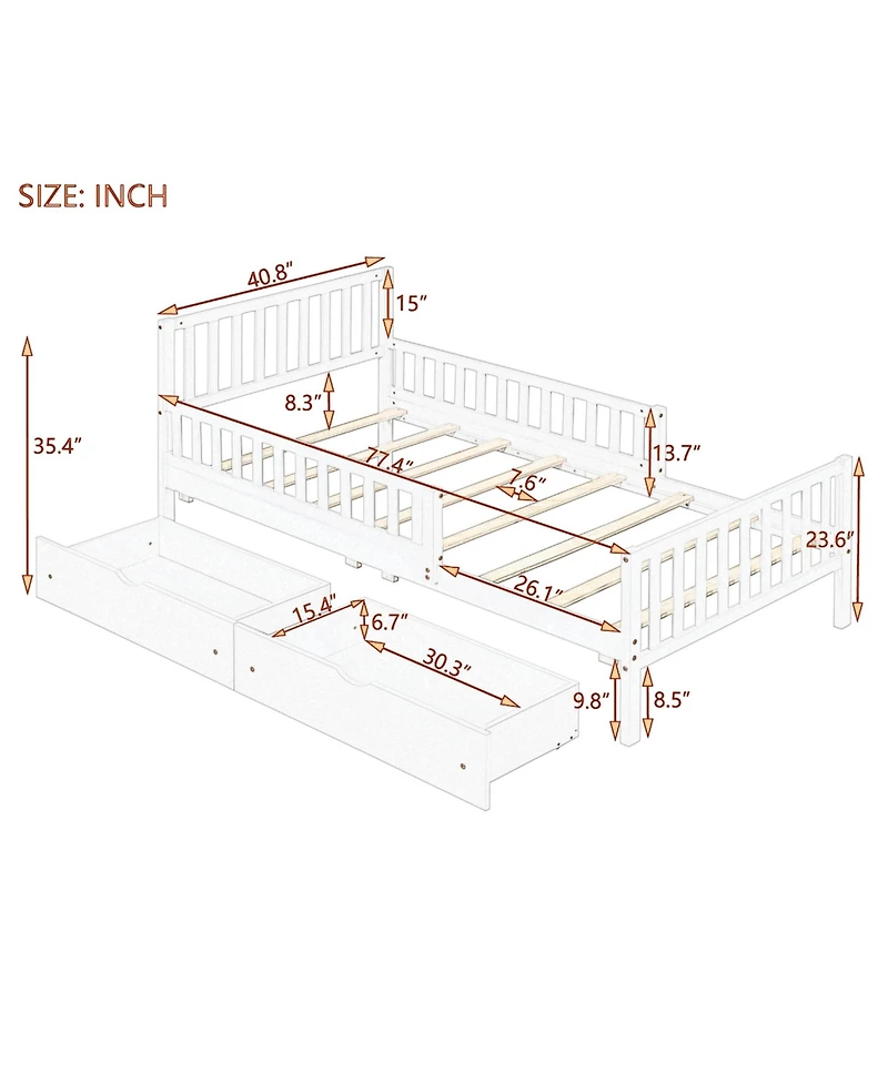 Wood Platform Bed with Guardrails on Both Sides and Two Storage Drawers