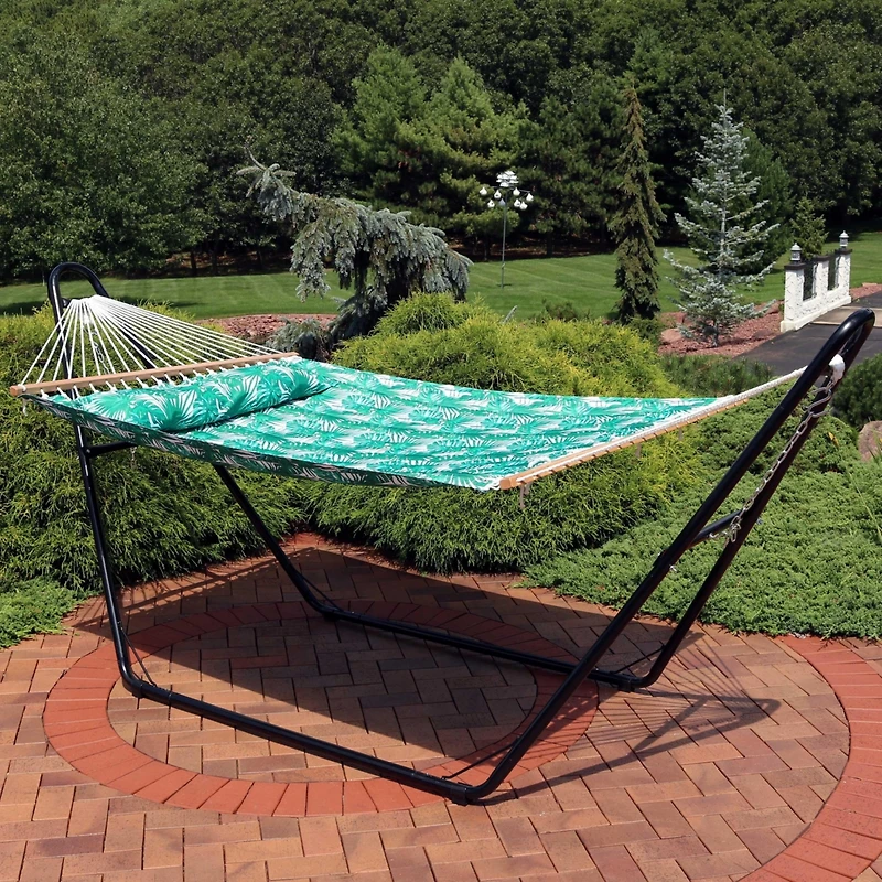 2-Person Quilted Printed Fabric Spreader Bar Hammock/Pillow with S Hooks and Hanging Chains - 450 lb Weight Capacity