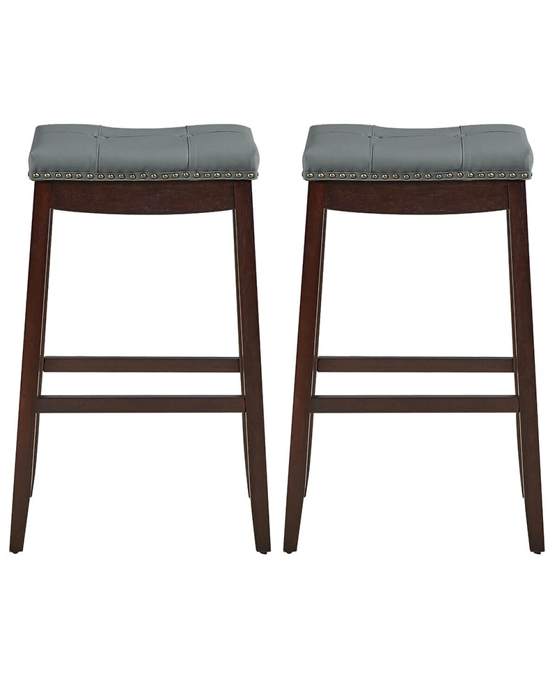 Gymax Set of 2 Nailhead Saddle Bar Stools 29'' Pub Chairs with Rubber Wood Legs