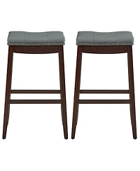 Gymax Set of 2 Nailhead Saddle Bar Stools 29'' Pub Chairs with Rubber Wood Legs