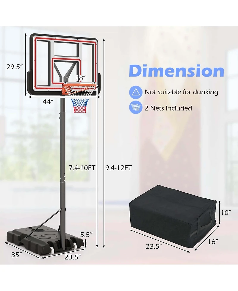 Costway 7.4-10 Ft Basketball Hoop Outdoor System with 44 Inch Shatterproof Pc Backboard