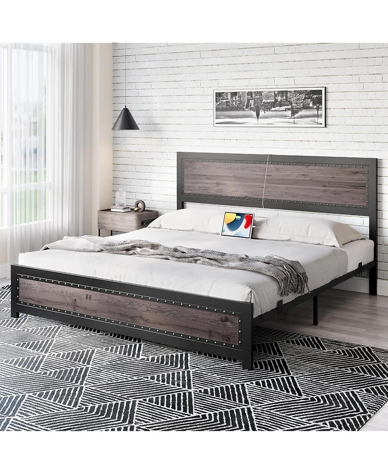 gaomon King Size Bed Frame with Headboard, Industrial Platform Bed Frame with Charging Station, No Box Spring Required, Easy to Assemble, Wooden Mattr