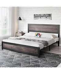 gaomon King Size Bed Frame with Headboard, Industrial Platform Bed Frame with Charging Station, No Box Spring Required, Easy to Assemble, Wooden Mattr