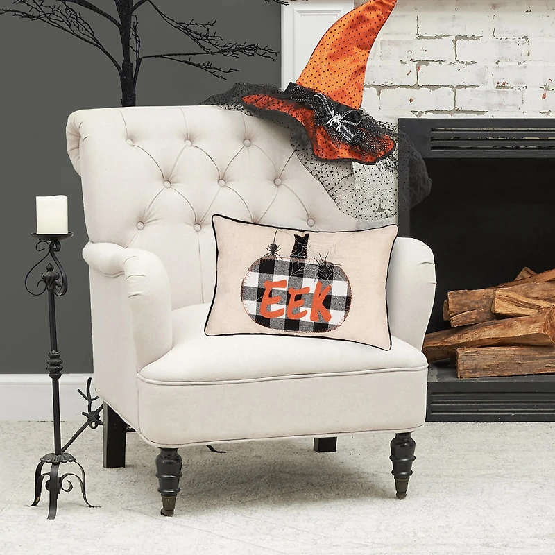 C&F Home 14" x 20" Franklin Plaid Black Pumpkin "Eek" Spider Web Halloween Linen Accent Throw Pillow