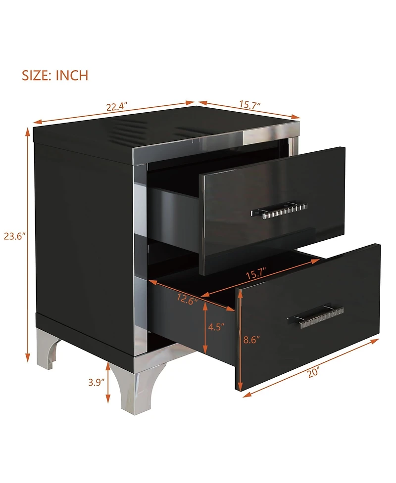 Lovmor Elegant High Gloss Nightstand with Metal Handle,Mirrored Bedside Table with 2 Drawers for Bedroom, Living Room, Black