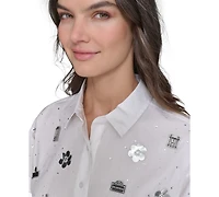 Karl Lagerfeld Paris Petite Cotton Button-Front Embellished Shirt