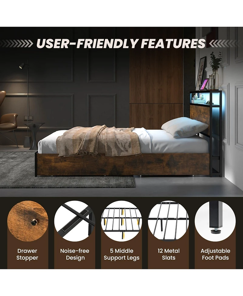 Gouun Full Size Bed Frame with Smart Led Lights and Storage Drawers