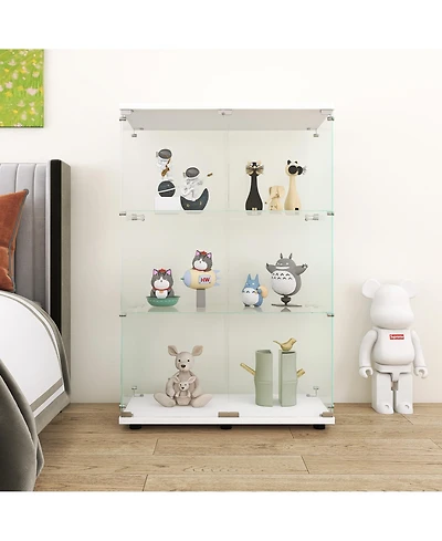 Lovmor Two-door Glass Display Cabinet 3 Shelves with Door, Floor Standing Curio Bookshelf for Living Room Bedroom Office