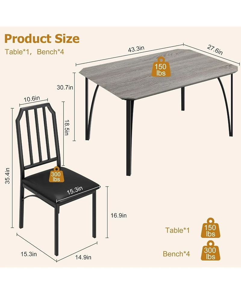 5 Pieces Dining Table Set for 4, Dining Room Table Set for 4, Small Kitchen Table for 4 with Upholstered Chairs,Dinner Table Set for 4, Kitchen Table