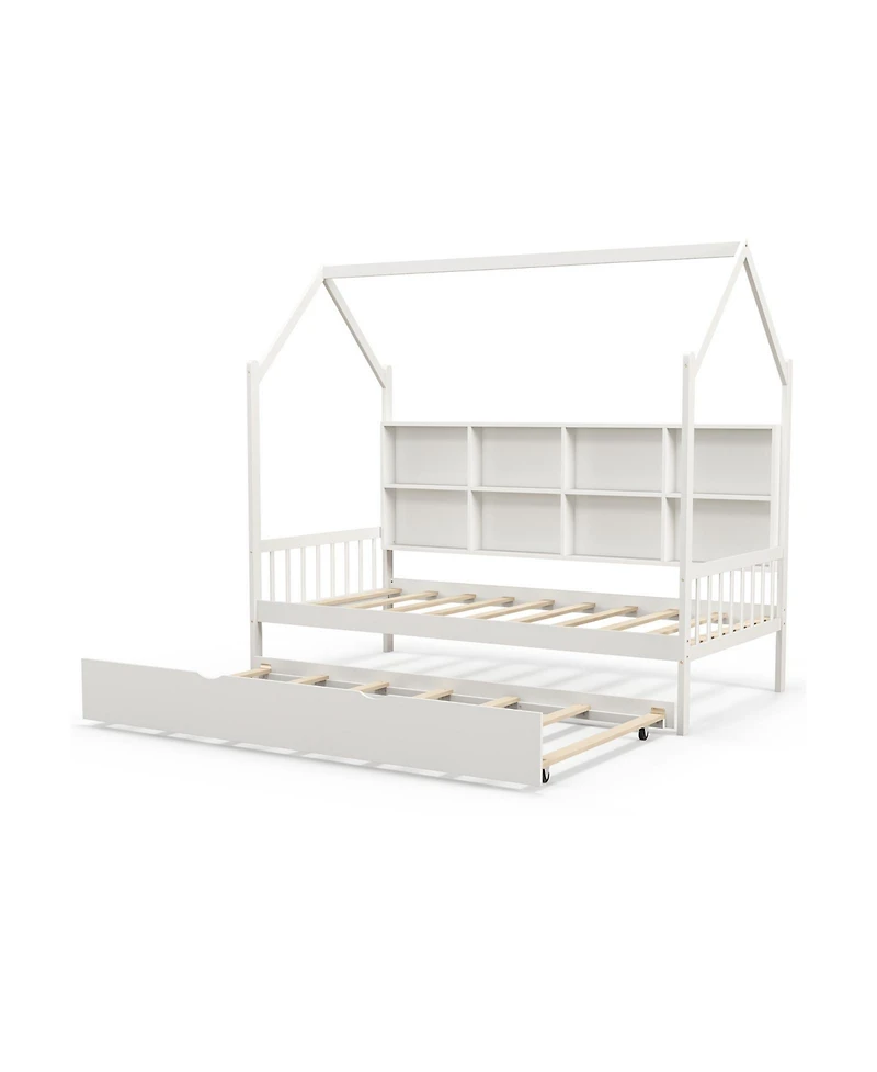 Twin Size Kids Montessori Daybed with Roof Design and Built-in Shelf Compartments
