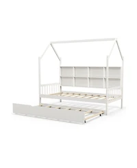 Twin Size Kids Montessori Daybed with Roof Design and Built-in Shelf Compartments