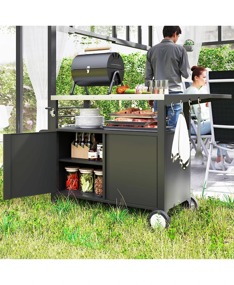 Outsunny Outdoor Grill Cart Table with Side Table, Stainless Steel Top