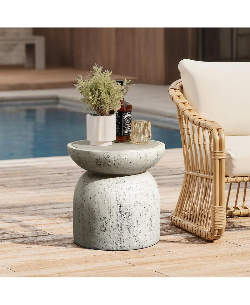 LuxenHome Rustic Off White and Gray Round 15.75-Inch Tall MgO Side Table, Indoors and Outdoors