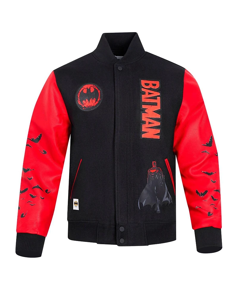 Freeze Max Men's Black/Red Batman Comics Signal Full-Zip Varsity Jacket