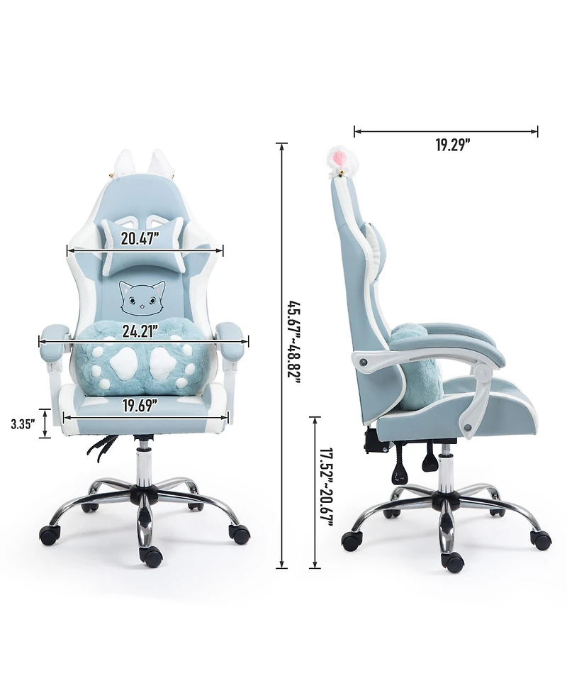 Dyhome Faux Leather Gaming Chair with Cat Paw Lumbar Cushion and Cat Ears, Ergonomic Computer Chair, Reclining Pc Game Chair