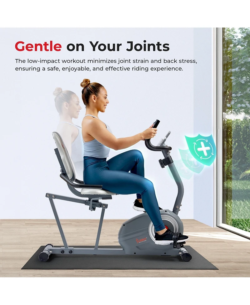 Sunny Health & Fitness Indoor Magnetic Smart Recumbent Exercise Bike with Free SunnyFit App via Bluetooth
