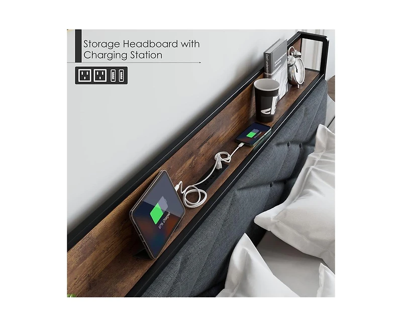 gaomon King Size Bed Frame,Upholstered Headborad with Storage and Charing Station, Tufted Design, Steel Slats Support, No Box Spring Needed, Easy Asse