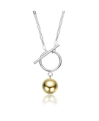 Sterling Silver Two-Tone with White Gold Plated Chain and 14K Gold Plated Sphere Pendant Modern Toggle Necklace