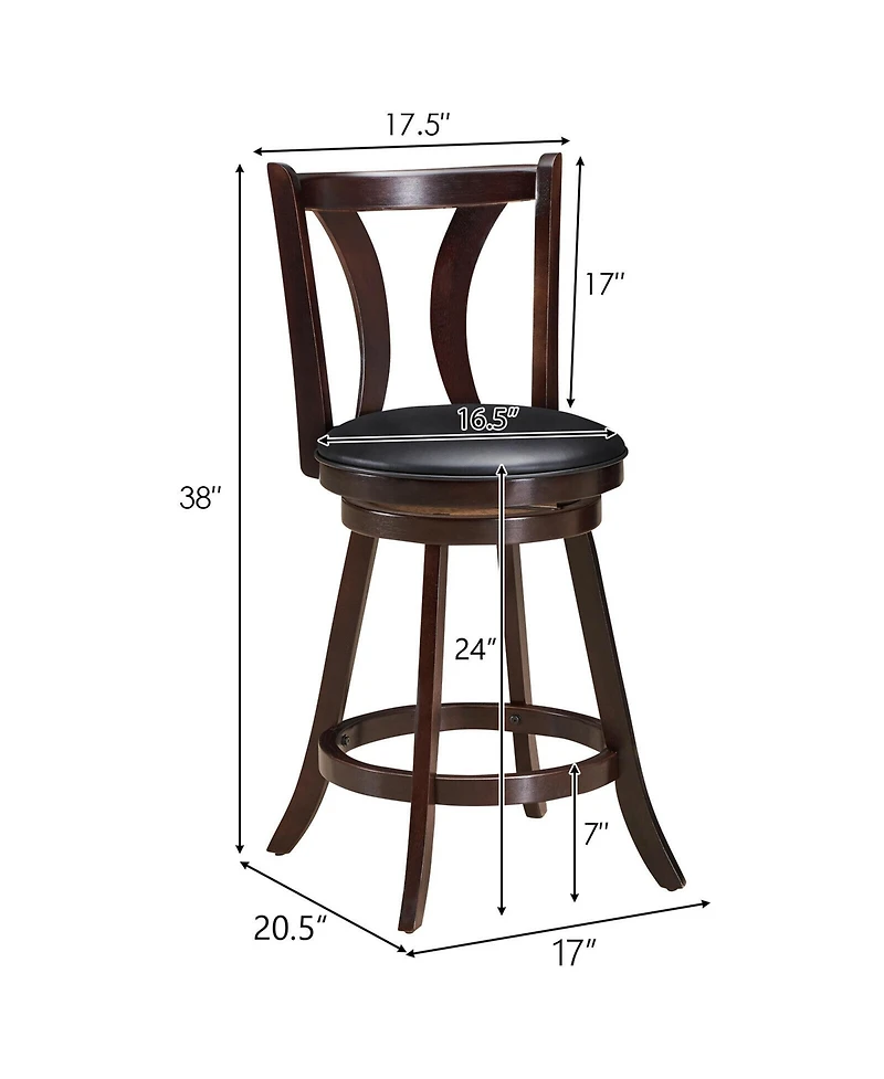 Gymax Set of 2 Swivel Bar stool 24'' Counter Height Leather Padded Dining Kitchen Chair