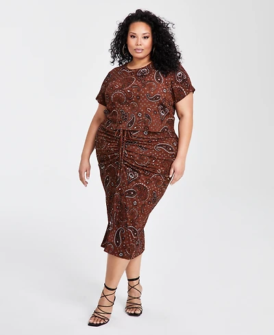 Nina Parker Plus Textured Paisley-Print Drawstring-Ruched Skirt