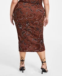 Nina Parker Plus Textured Paisley-Print Drawstring-Ruched Skirt