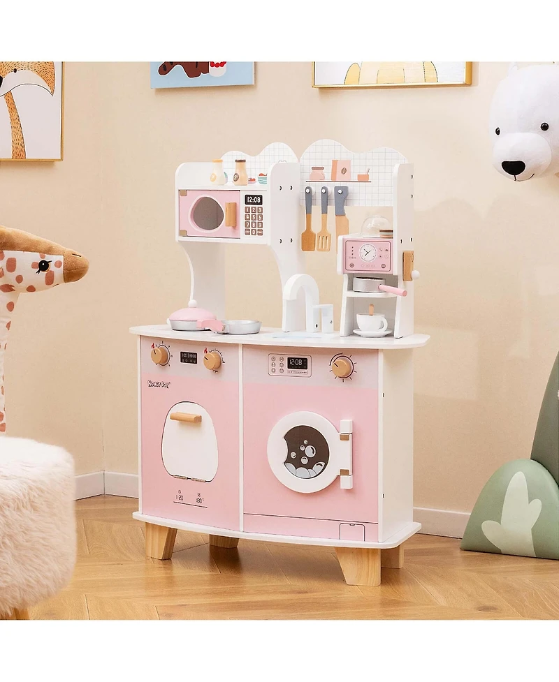 Wooden Kids Kitchen Playset Pretend Play Kitchen with Coffee Maker & Microwave