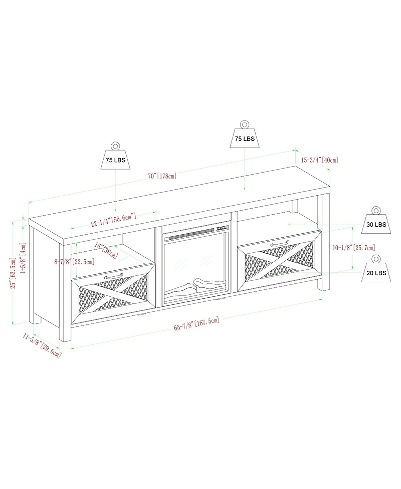 Boyel Living 70 Inches Industrial Metal Mesh Fireplace Tv Stand Farmhouse Drop-Down X-Door with Electric for TVs up to 80 Inches, S