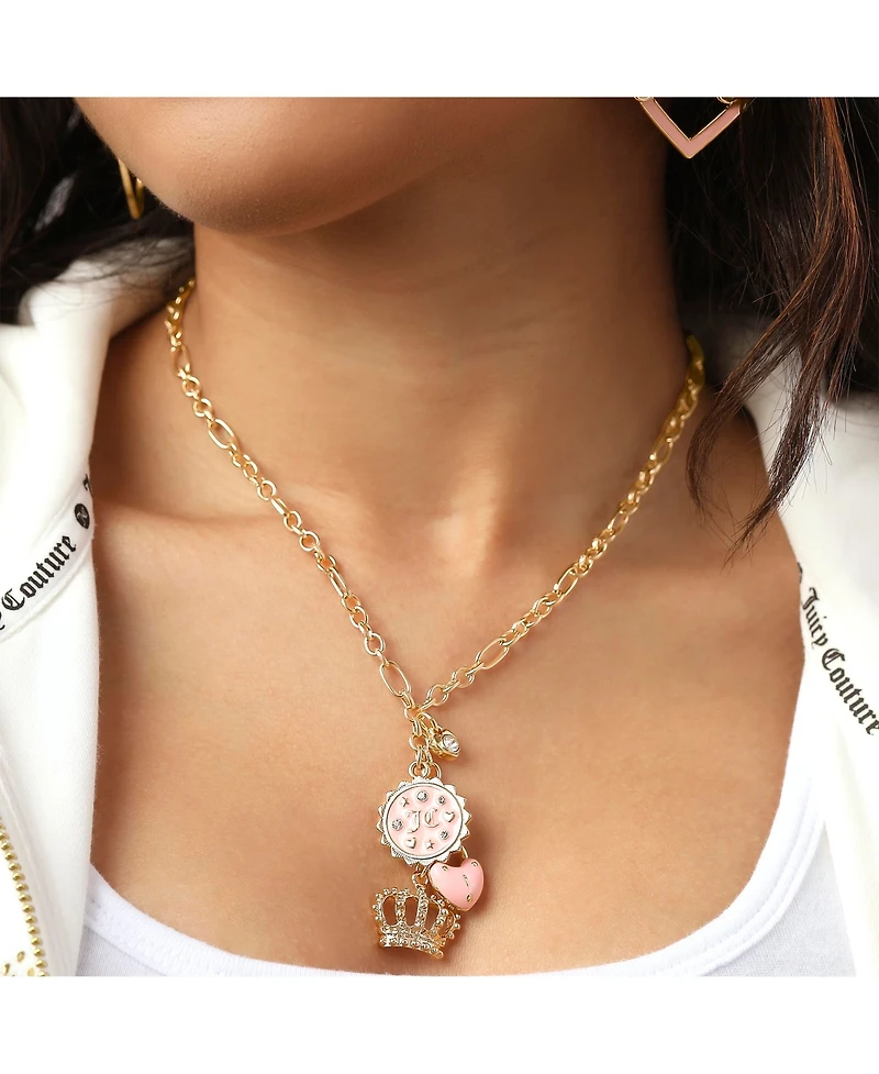 Juicy Couture Gold-Tone Layered Charm Necklace with Pink Enamel Accents